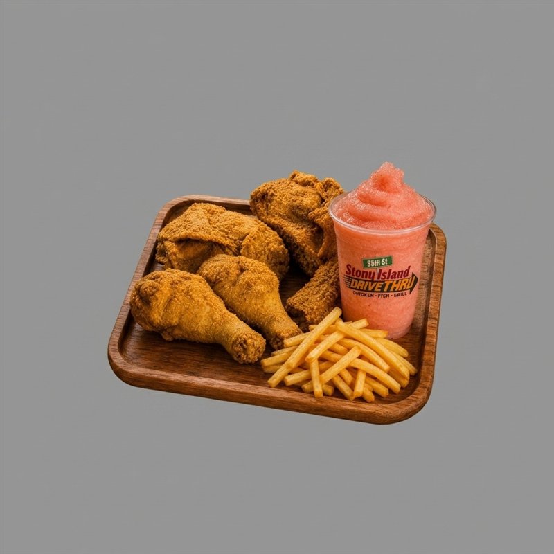 Fried legs and thighs with fries and frozen lemonade