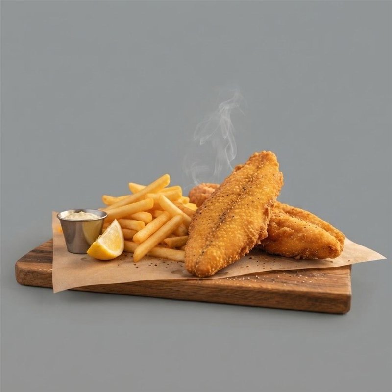 Boneless fish meal with fries and coleslaw