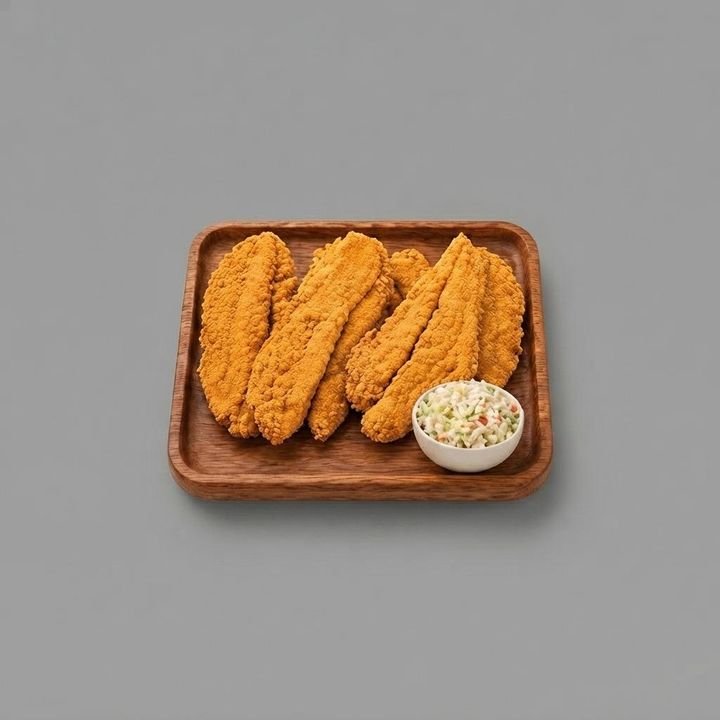 Five golden fish fillets with coleslaw