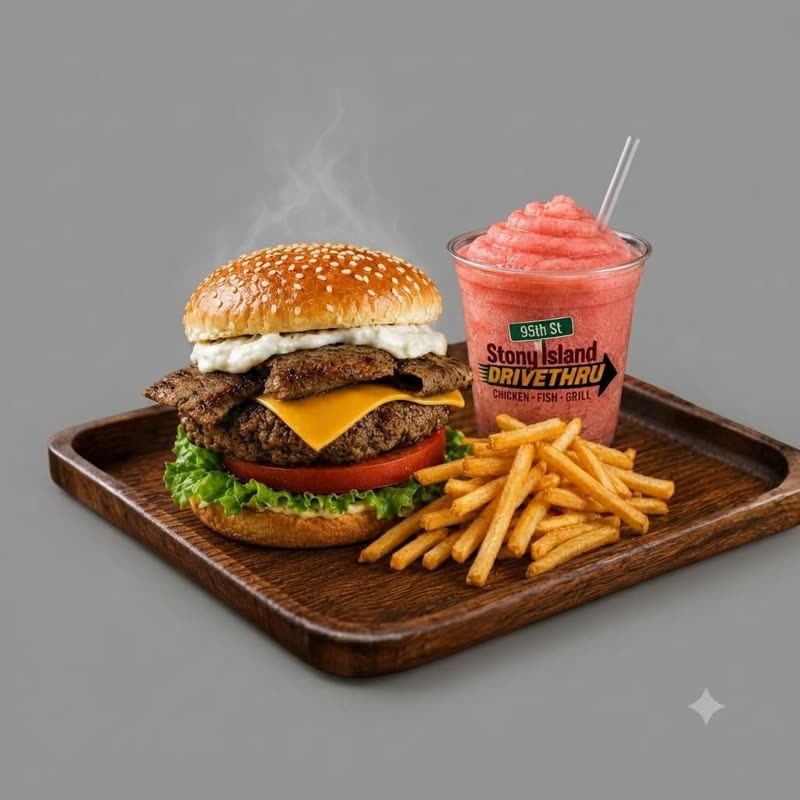 Gyro cheeseburger meal with fries and a drink