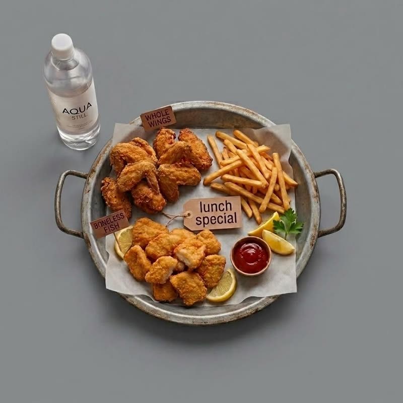 Lunch special basket with chicken, fish, shrimp, fries and bottle water